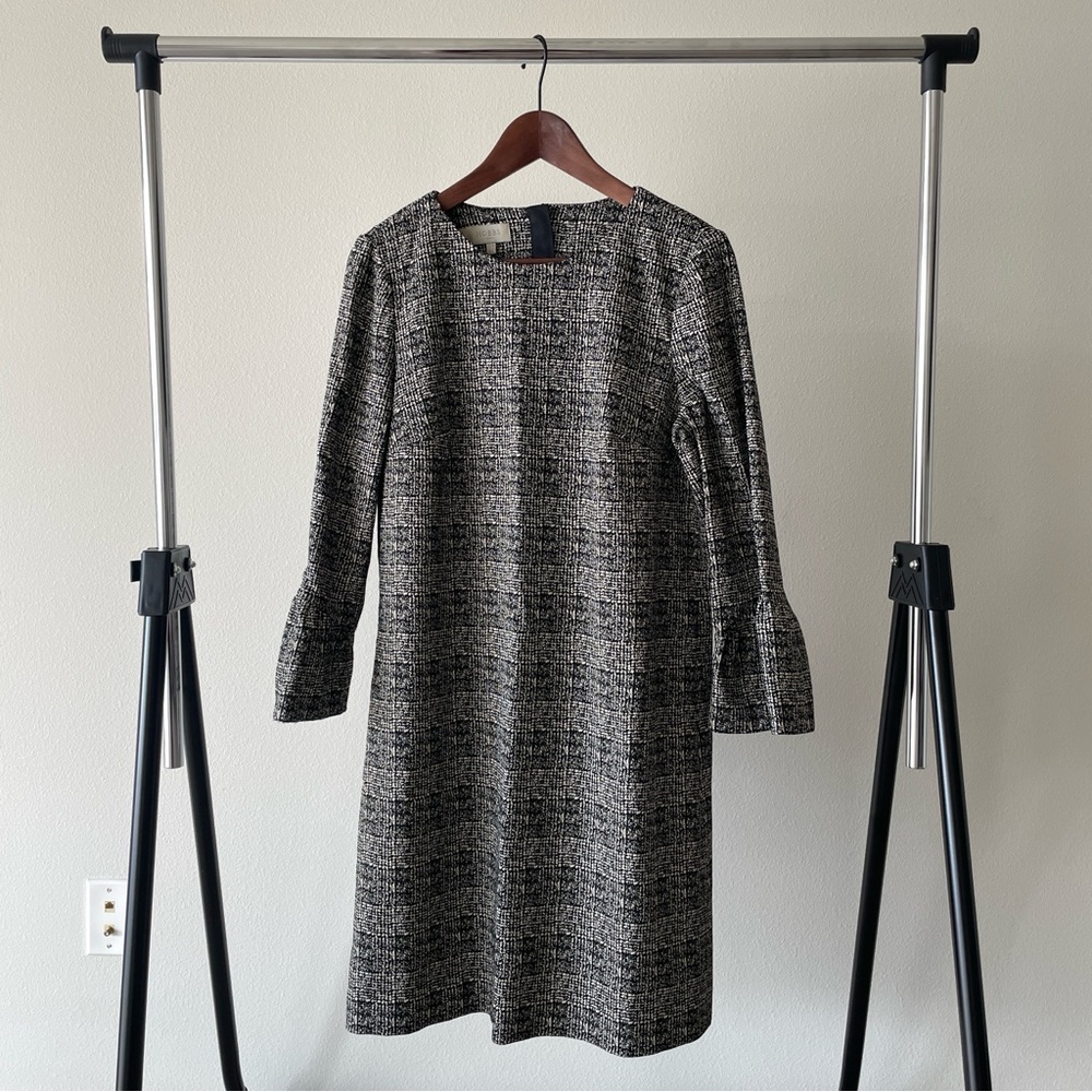 Hobbs London black and white tweed dress with 3/4 bell sleeves